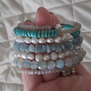 Beaded Bracelet Pearl and Turquoise Beachy Spiral Stack